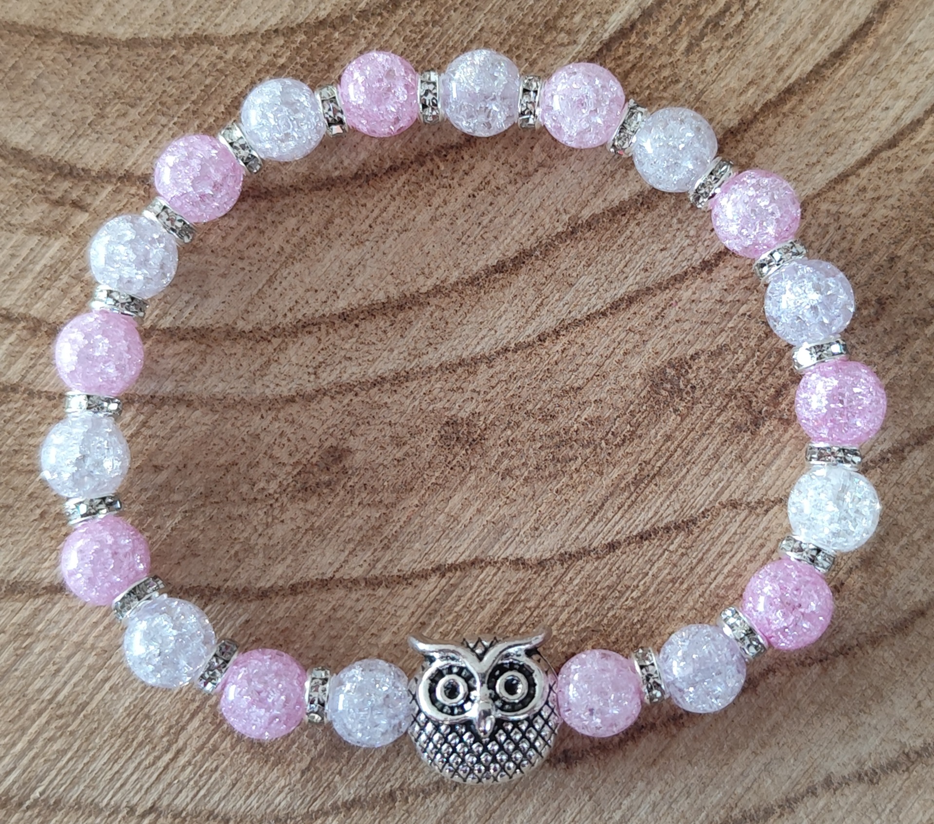 skleněné praskané korálky + štrasová rondelka + mezidíl sova - velikost náramku 14 cm